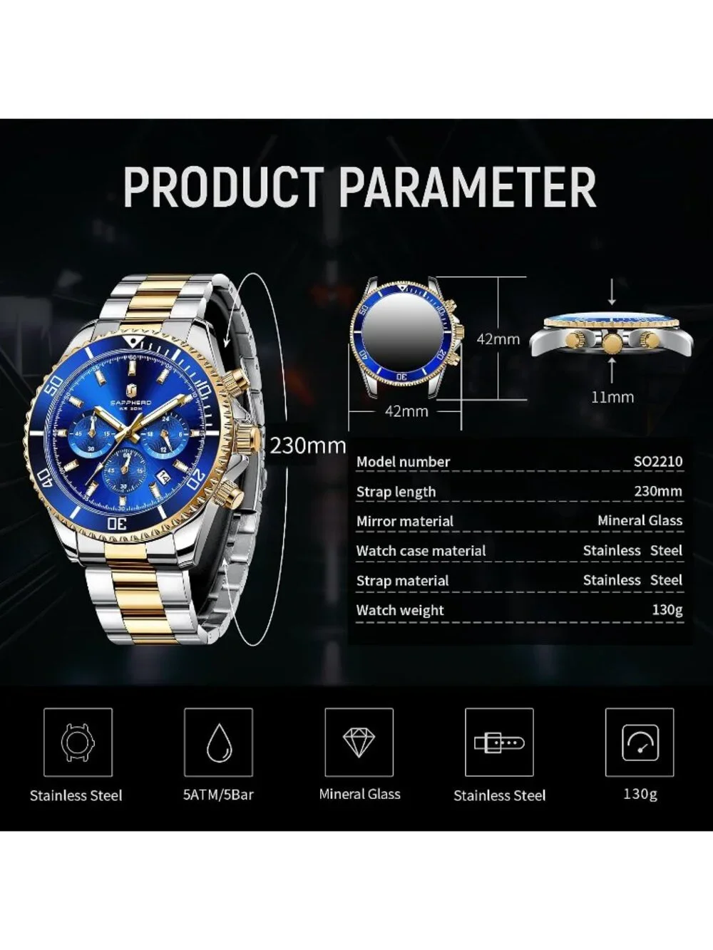 Men's Gold Silver Strap Blue Chronograph Stainless Steel Waterproof Wrist Watch